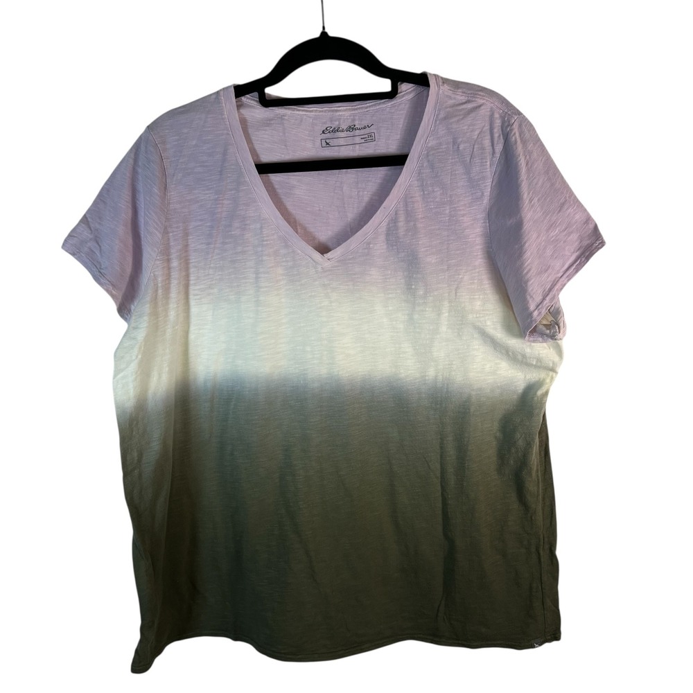 Eddie Bauer Womens 2XL Ombre V-Neck T-Shirt Purple White Olive Green Slub Cotton